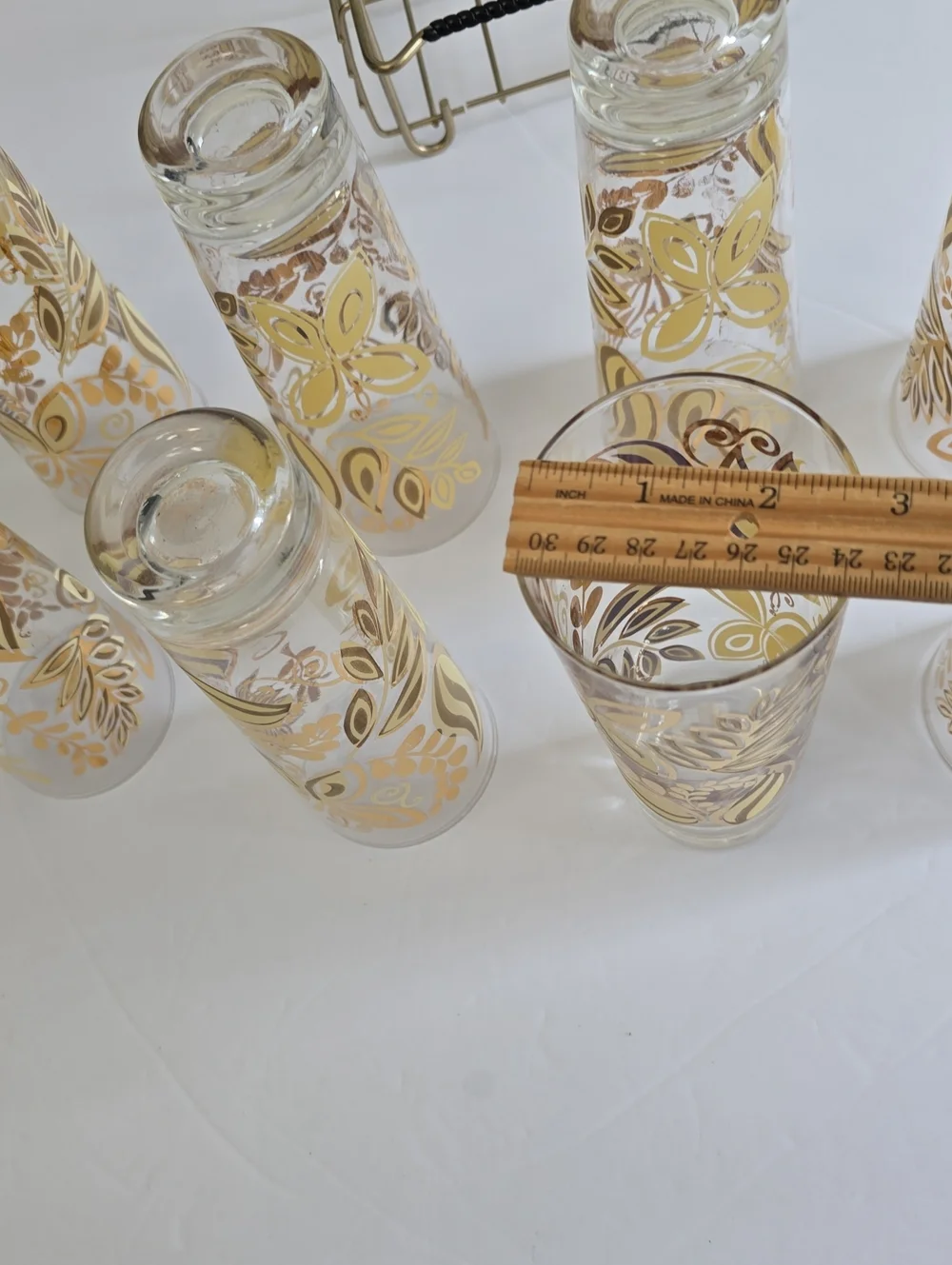 Vintage MCM Set Of 8 Gold Butterfly Leaf Botanical Tumblers With Carrier 12 Oz